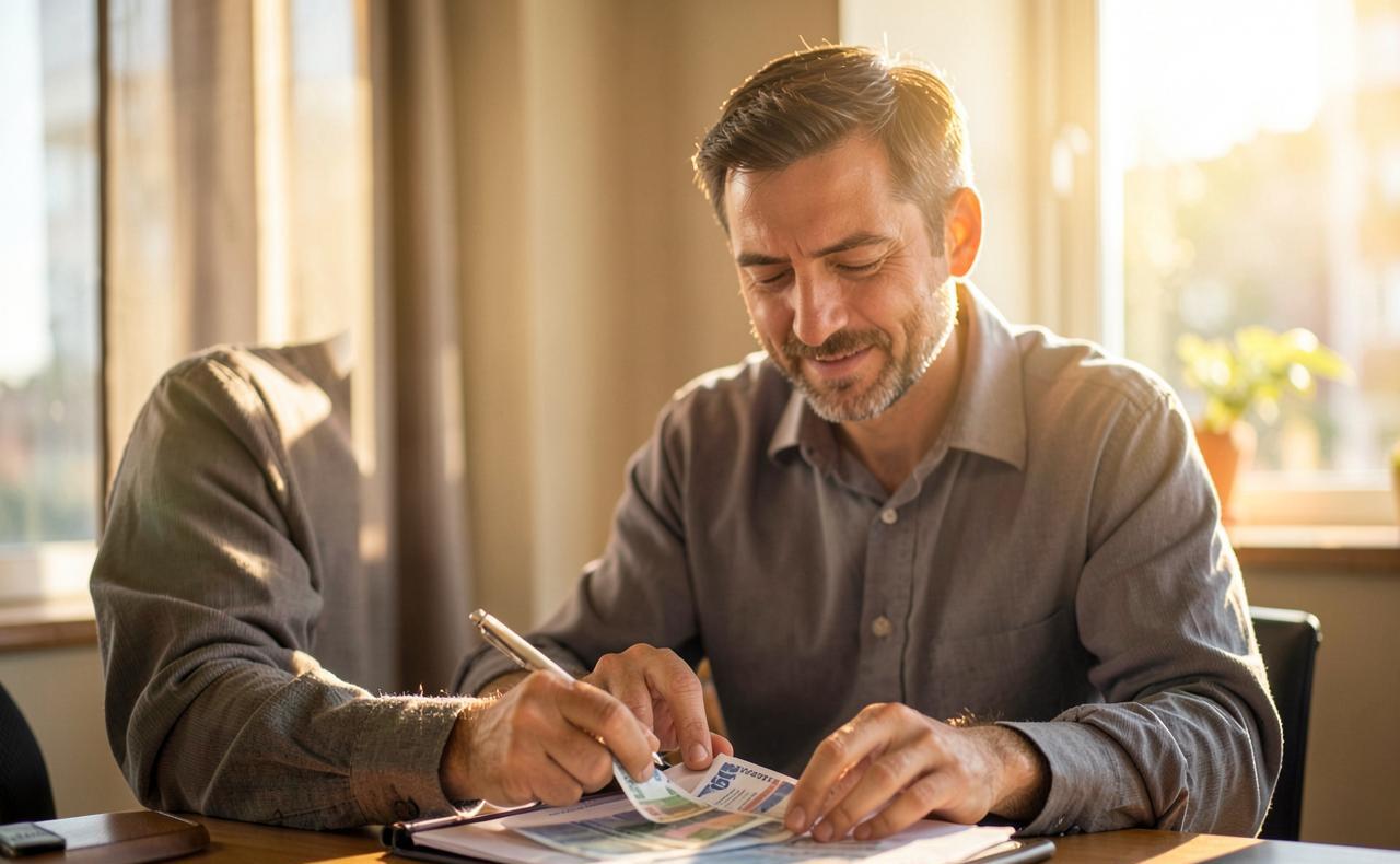 Man reviewing his bills with a sense of relief