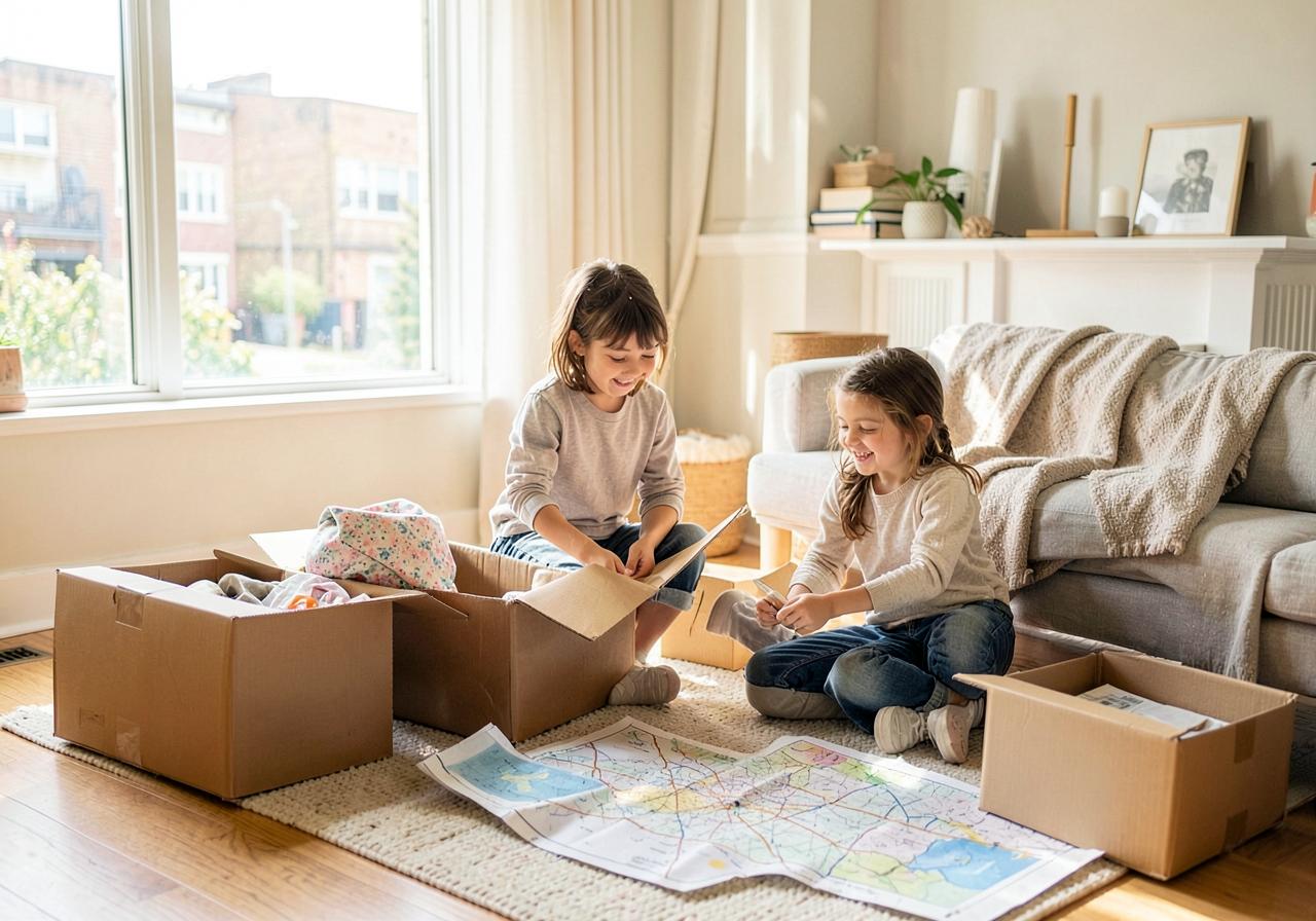 Family unpacking boxes in a bright new home after relocating